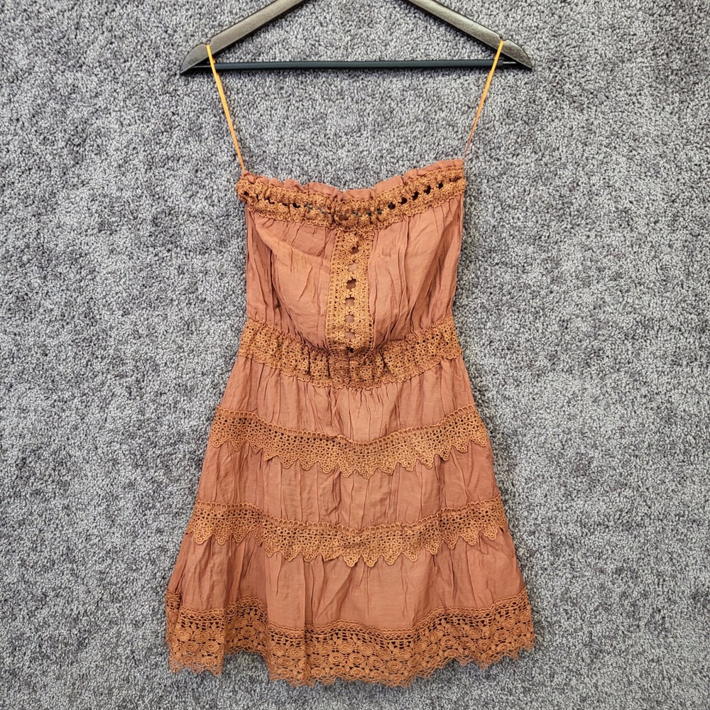 Elan Strapless Crochet Mini Dress Womens Small Clay Excellent Tiered Boho Lace